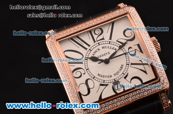 Franck Muller Master Square Swiss Quartz Rose Gold Case with Diamond bezel and Black Leather Strap - Click Image to Close